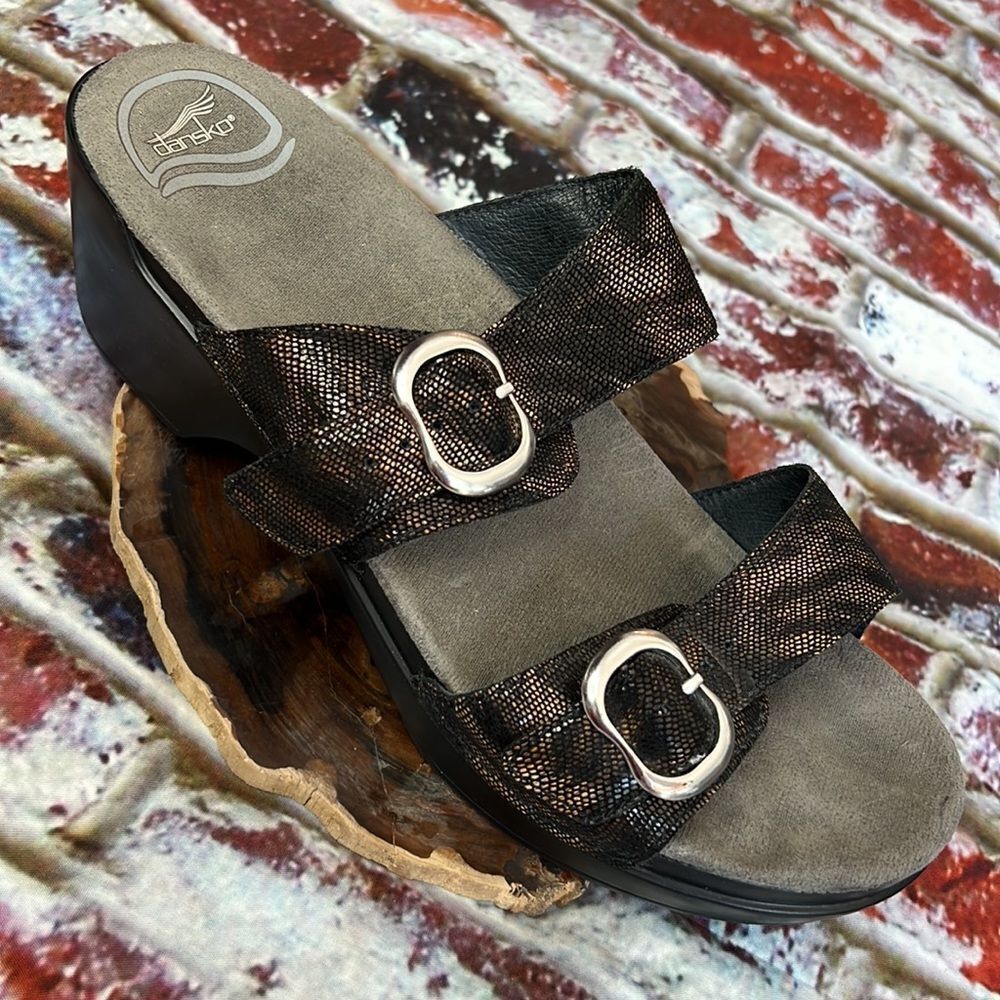 Dansko brown black snake sandals